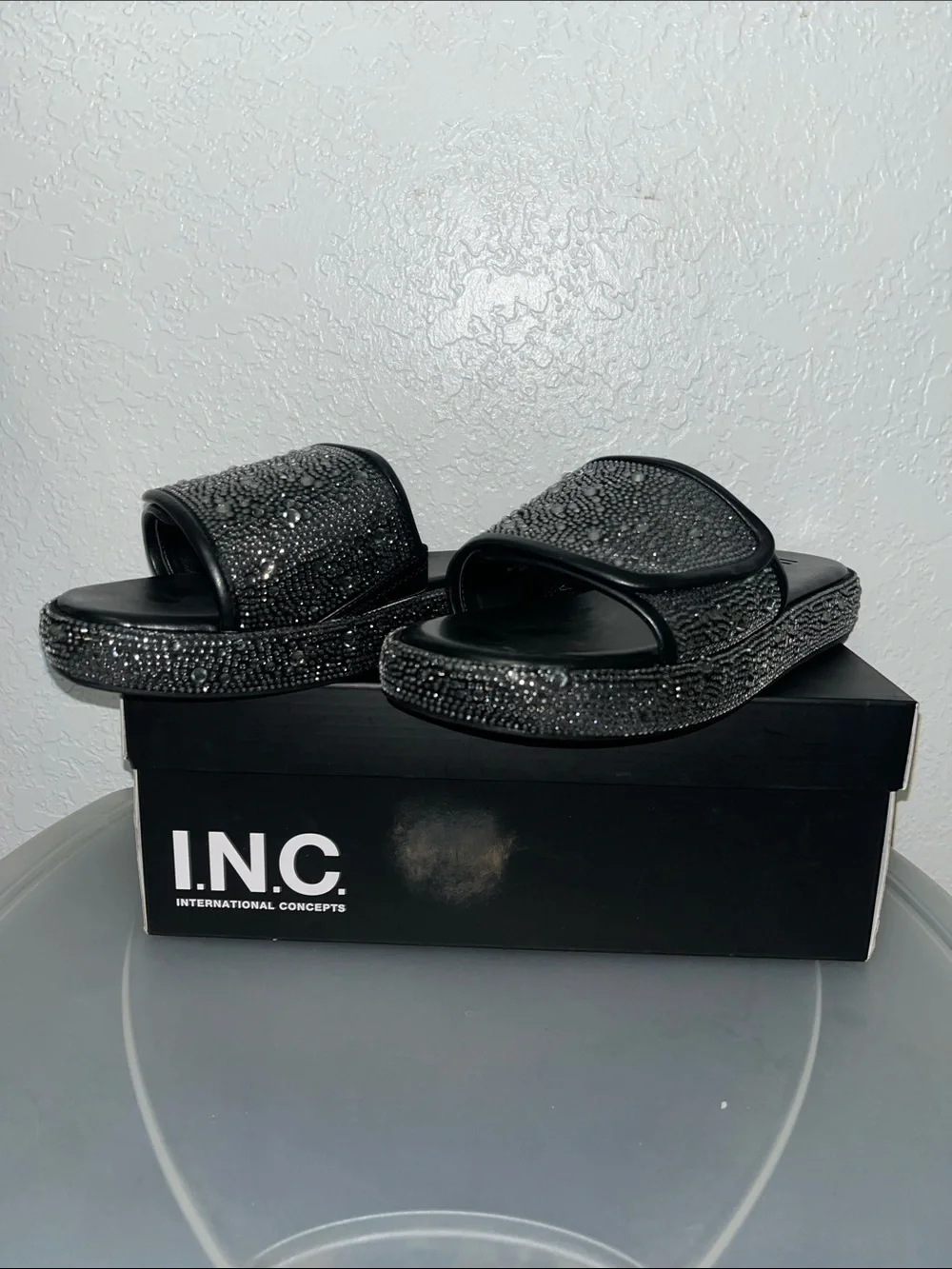 INC International Concepts Black Rhinestone Slide Sandals